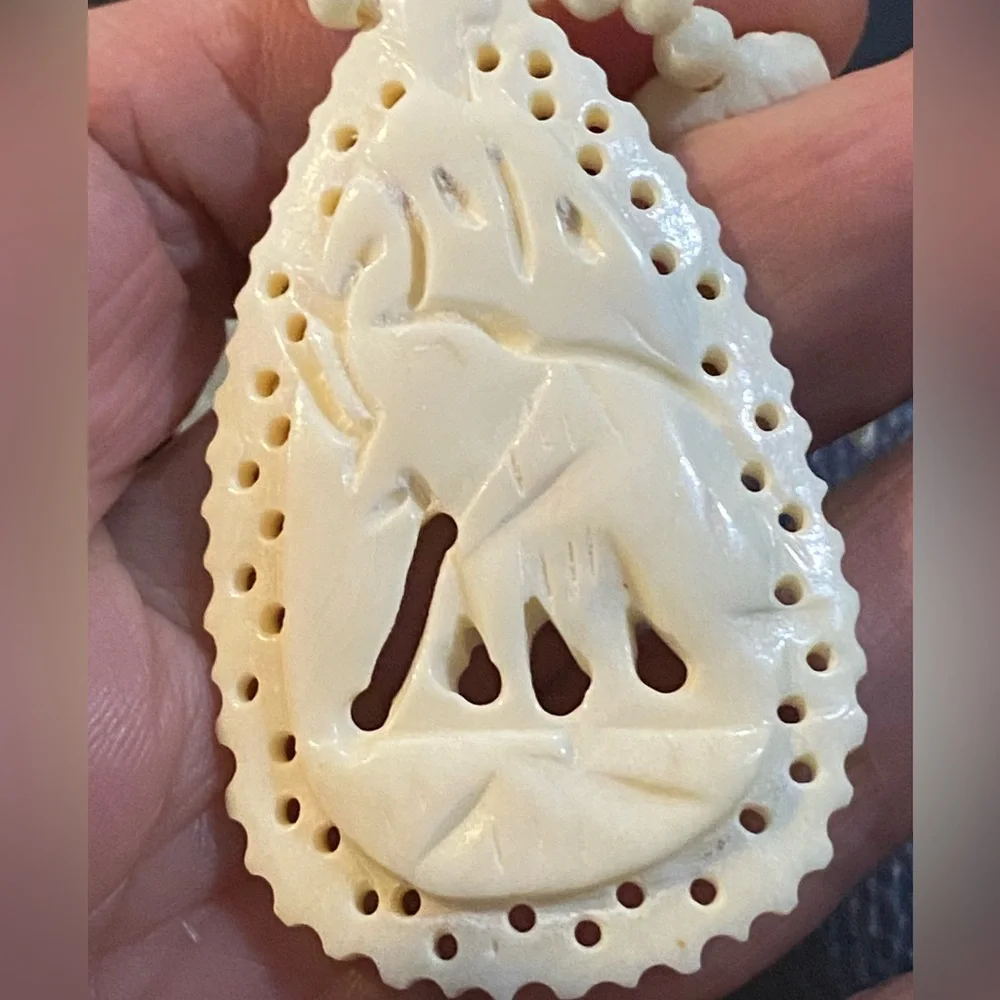 Vintage Carved Bone Pendant Off White Beaded Necklace Elephant Design Good Luck